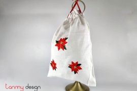 Túi quà Noel trắng thêu tay cỡ lớn-thêu  hoa đỏ